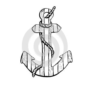 Wooden, striped anchor with a rope. Isolated object drawn by hand in graphic technique. Vector illustration for summer