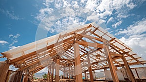 Construction of an Open Wooden Structure Under a Bright Blue Sky With Scattered Clouds and Visible Framework During