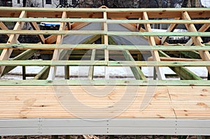 The wooden structure of the building. Wooden frame building. Wooden roof construction. photo for home. house building.