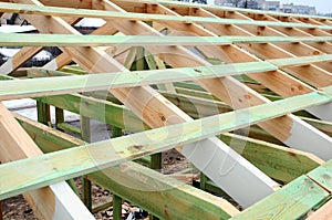 The wooden structure of the building. Wooden frame building. Wooden roof construction. photo for home. house building.