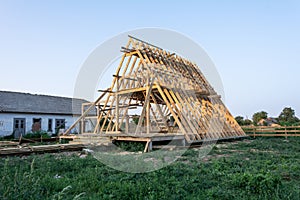 The wooden structure of the building. Wooden Frame House Construction.