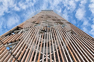 Wooden structure of high-rise building over blue sky, architectural detail, Birstonas observation tower Lithuania