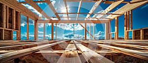 Wooden structure under construction against blue sky with scattered lumber and clouds. Concept