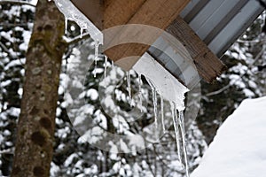 Wooden structure in the winter forest. Icicles on the roof. They ate in the snow.