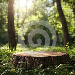 Wooden stump in the forest with blurred nature background. 3D Rendering