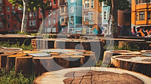 Wooden stumps in front of buildings
