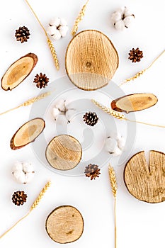 Wooden stumps, immortelle and pine cones for blog background top view pattern