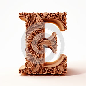 Wooden Stylized E Letter With Carved Rose - Hyper-detailed Rococo Frivolity