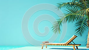 wooden sun lounger under a palm tree on a blue background, summer holiday concept