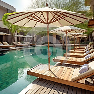 Wooden Sunbeds with Rattan Umbrellas near Swimming Pool. AI