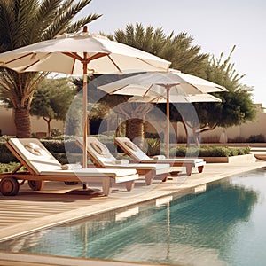 Wooden Sunbeds with Rattan Umbrellas near Swimming Pool. AI