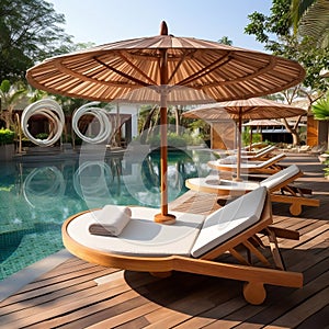 Wooden Sunbeds with Rattan Umbrellas near Swimming Pool. AI