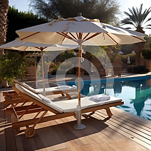 Wooden Sunbeds with Rattan Umbrellas near Swimming Pool. AI