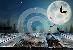 Wooden surface and bats flying in sky with full moon. Halloween illustration