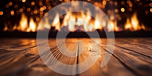 Wooden Surface With Blurred Fire Background And Bokeh Lights. Rustic Wooden Tabletop With Fire Glow. Generative AI