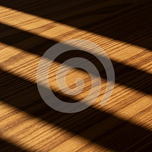 Wooden surface with light and shadow pattern. Sunlight casts diagonal shadows of