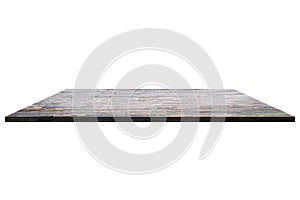 Wooden surface. Old table. Scuffed boards. Table surface with perspective. Table top bar isolated on white