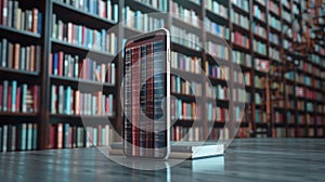 Wooden surface with a smartphone displaying book spines, representing digital reading against a library background photo