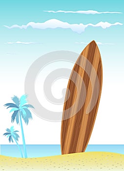 Wooden surfboard with beach