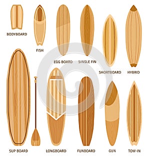 Wooden surfboard sizes and types, bodyboard, longboards and shortboards. Cartoon surf boards shapes design, funboard and