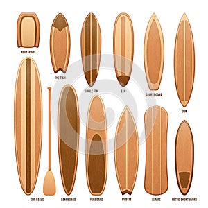 Wooden surfboards isolated on white vector illustration