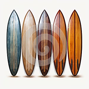 wooden surfboards side by side in a row, in the style of vintage, Generative AI