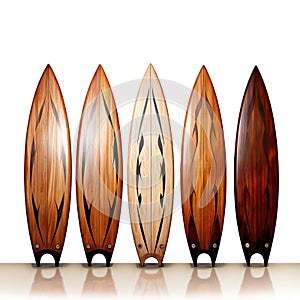 wooden surfboards side by side in a row, in the style of vintage, Generative AI