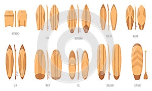 Wooden surfboards. Wood surf board types, surfboard with paddle or fish shape, hawaiian luau surfboarding collection