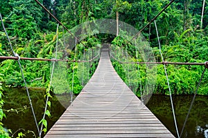 wooden suspension bridge across the river