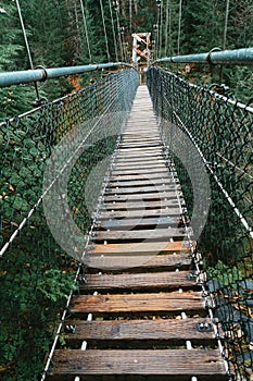 Wooden suspension bridge with wired fences surrounded by greenery in a forest