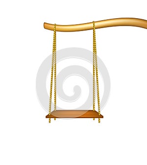Wooden swing hanging from the bough of a tree