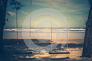 Wooden swing hanging from tree on the beach with seascape view background.