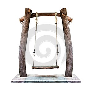 Wooden swing hanging on tree trunk pillar at playground isolated on white background with clipping path