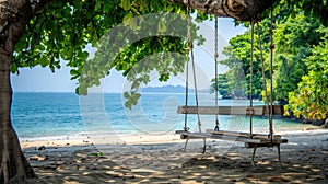 A wooden swing hangs from a tree on a beach by the water AIG50