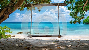 A wooden swing hangs from a tree on a beach by the water AIG50