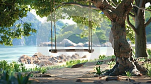 A wooden swing hangs from a tree on a beach by the water AIG50