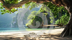 A wooden swing hangs from a tree on a beach by the water AIG50