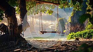 A wooden swing hangs from a tree on a beach by the water AIG50