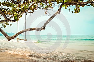 Wooden swing on tropical beach