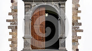 Wooden symetrical doorway with small lights