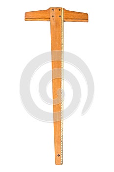 Wooden T Square ruler Tool with inch and centimeter measures isolated on white background