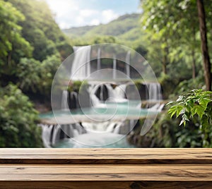 Wooden tabel top blur nature waterfall background. Product display nature background. Product display mockup photo