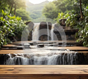 Wooden tabel top blur nature waterfall background. Product display nature background. Product display mockup photo