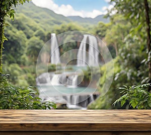 Wooden tabel top blur nature waterfall background. Product display nature background. Product display mockup