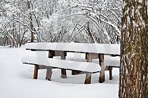 A wooden table in abandoned park on a winter evening