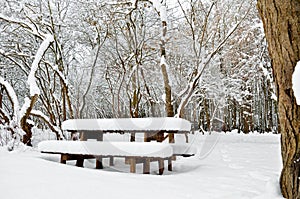 A wooden table in abandoned park on a winter evening