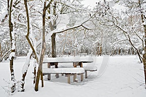 A wooden table in abandoned park on a winter evening