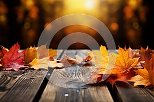 Wooden table adorned with colorful autumn leaves, a seasonal scene