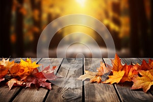 Wooden table adorned with colorful autumn leaves, a seasonal scene