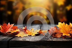 Wooden table adorned with colorful autumn leaves, a seasonal scene photo